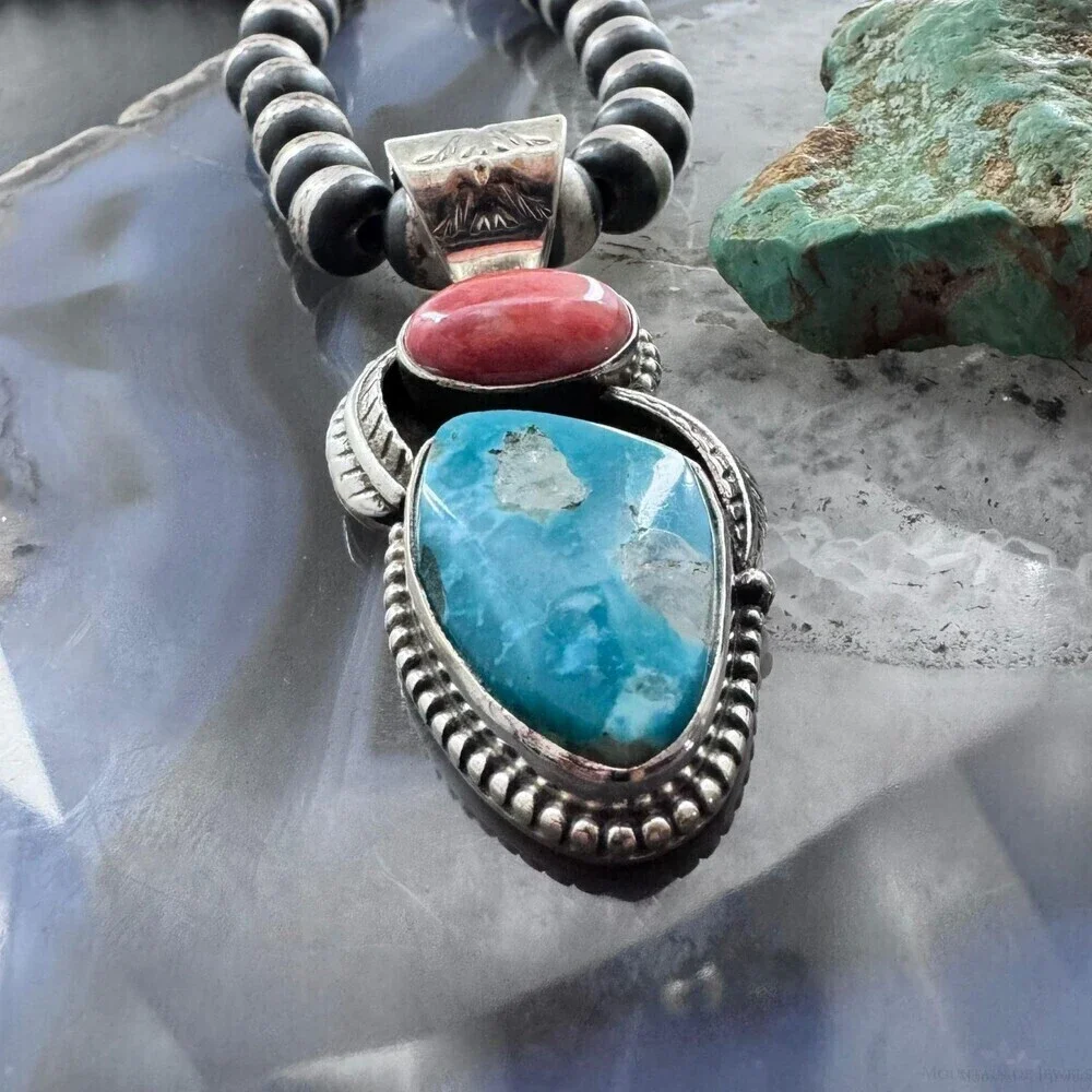 Native American Sterling Oval Orange Spiny Oyster W/Triangular Turquoise Pendant